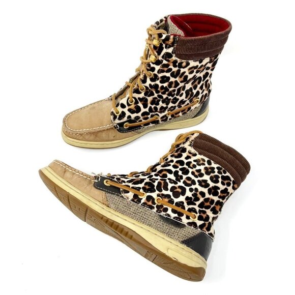 Sperry Topsider Hikerfish Leather Leopard Print Calf Hair Boots. Size 6 - Picture 12 of 13